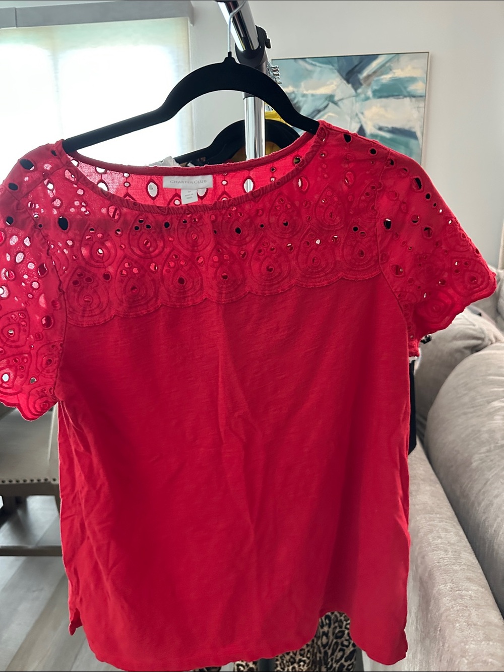 Charter Club Bright Red Eyelet Yoke Short Sleeve Blouse